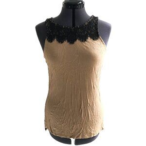 Express Tan Top with Black Lace Trim, Gold Zipper, 2" longer in back, Size M